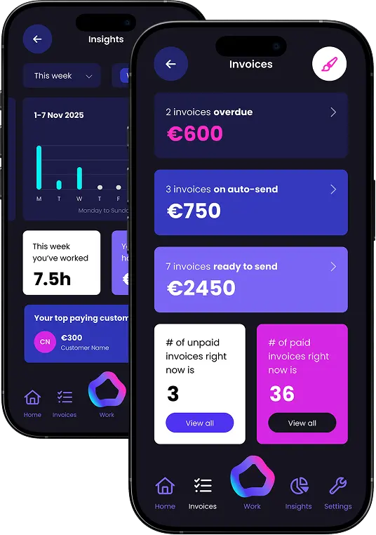 Lavabase App showing invoices with totals and business financial insights