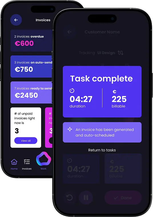Lavabase App showing Task Complete with time spent and total money made